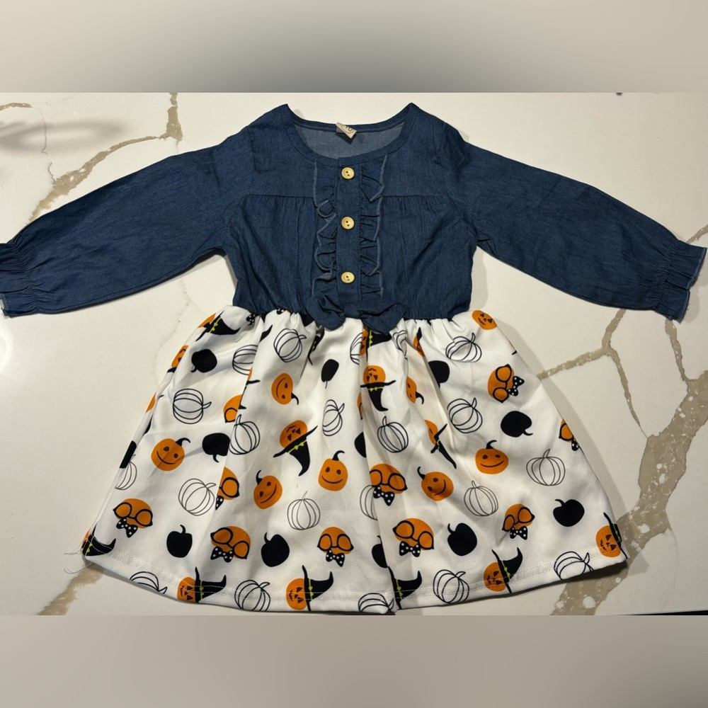 Halloween Denim Pumpkin Dress Girls Size 110 or 4 - Picture 2 of 7